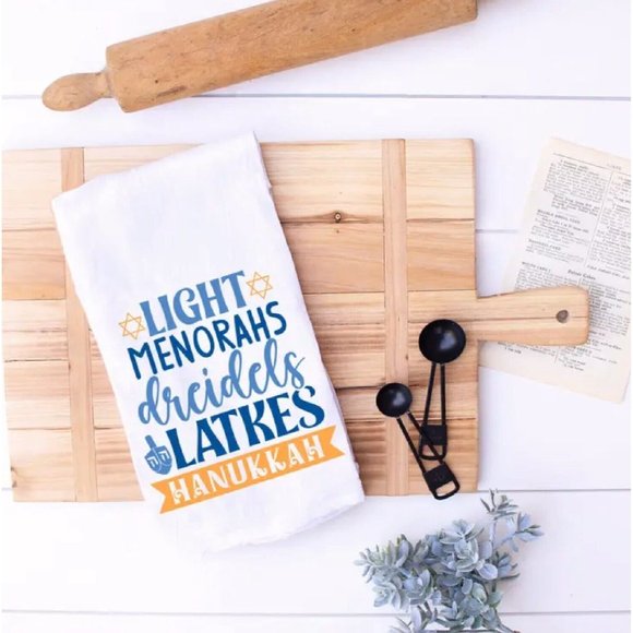 Hanukkah Chanukah Light Menorahs, Dreidels, Latkes Kitchen Towel - NEW Fast Ship - Picture 2 of 3